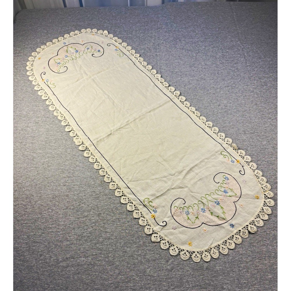 Vintage White Linen Lace Table Runner Embroidered Floral Rectangular Multicolor